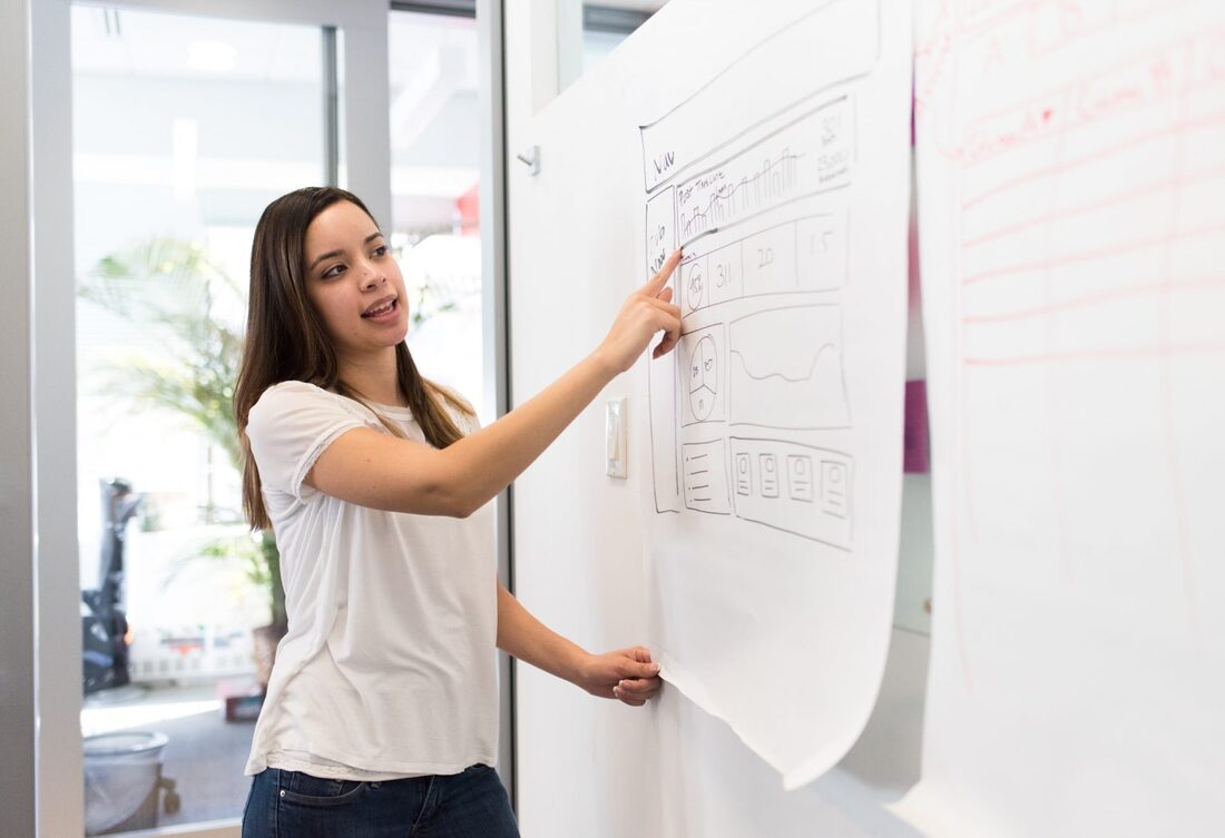 Young UX designer explaining her UI designs on a whiteboard