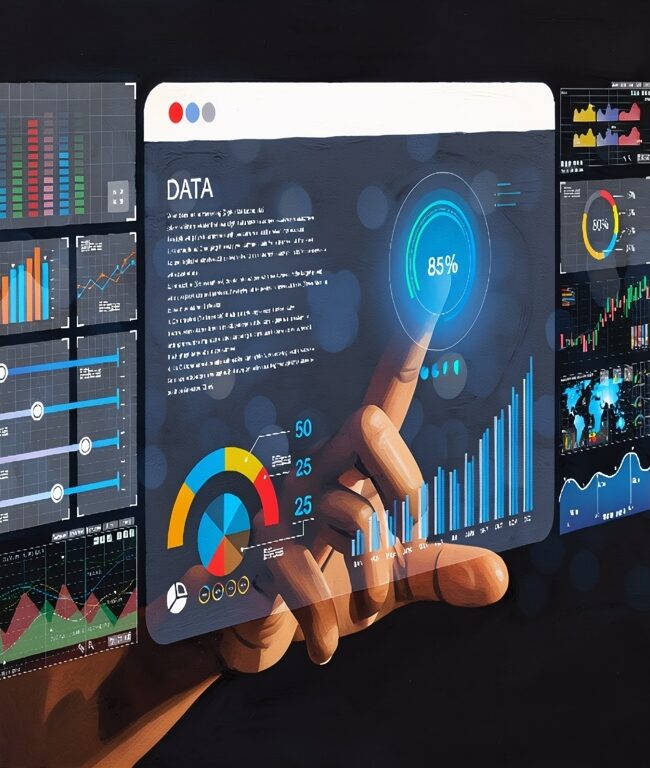 Data analyst working on business analytics CDP dashboard with charts, with KPI and metrics connected to the database for technology finance, operations, sales, marketing