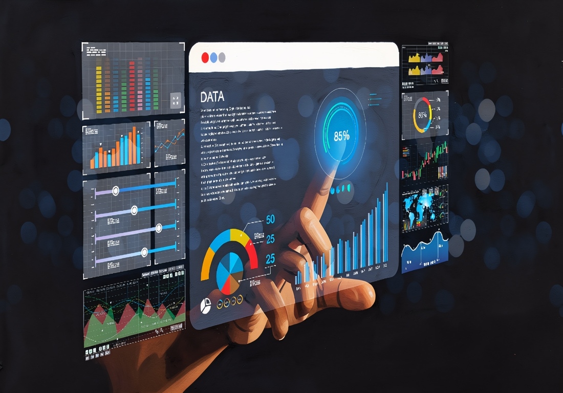 Data analyst working on business analytics CDP dashboard with charts, with KPI and metrics connected to the database for technology finance, operations, sales, marketing